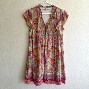 Hale Bob Dress Small Multicolor Paisley Bright Pleated Pockets Resortwear Beach